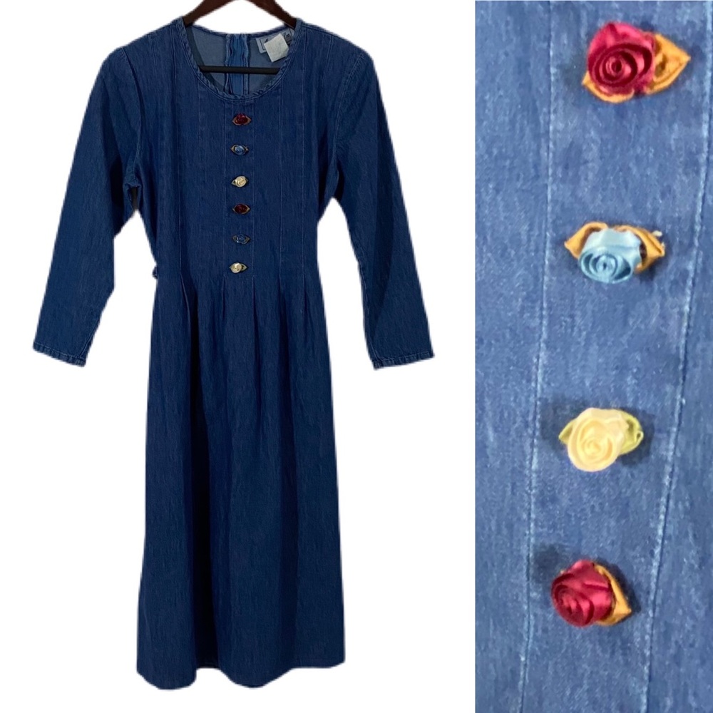 VTG ALEXANDRA LEE Denim Dress Rosettes Sz S